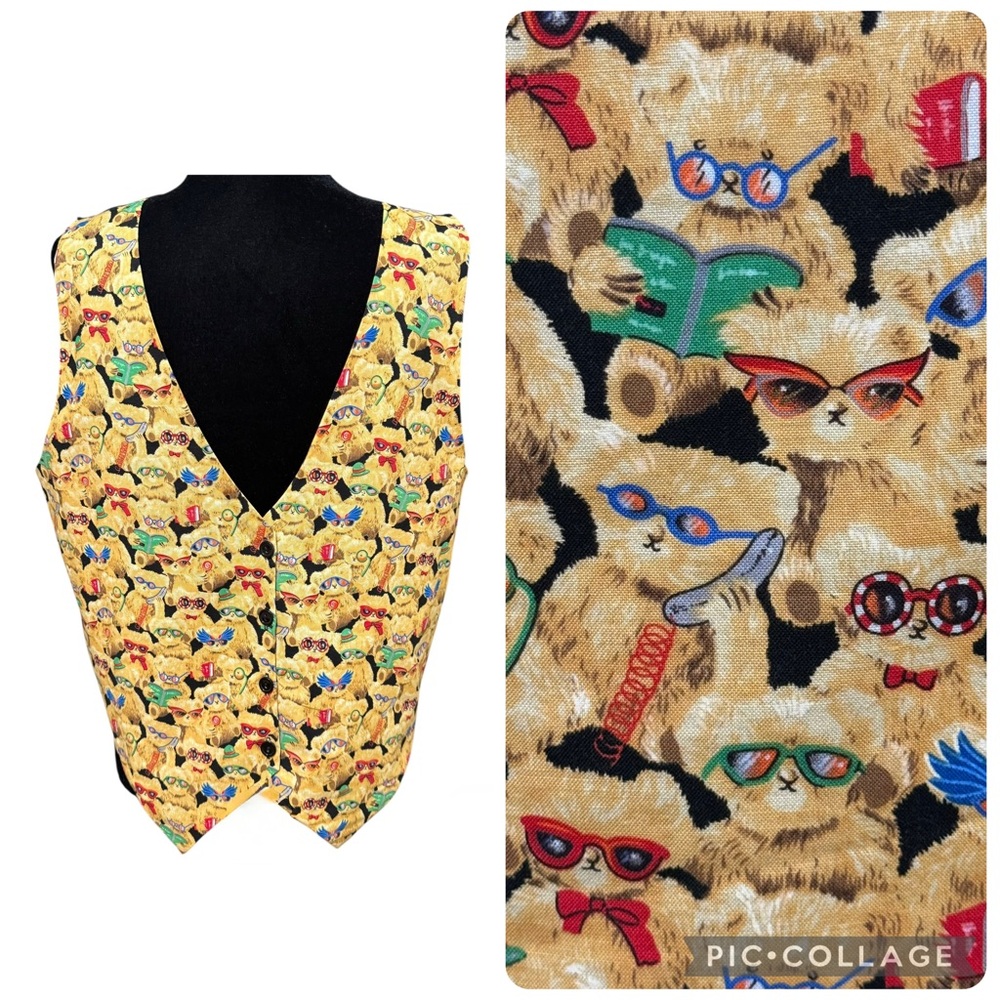 111 Main Teddy Bear Print Vest 90s Vintage Novelty Tux Waistcoat Size Large